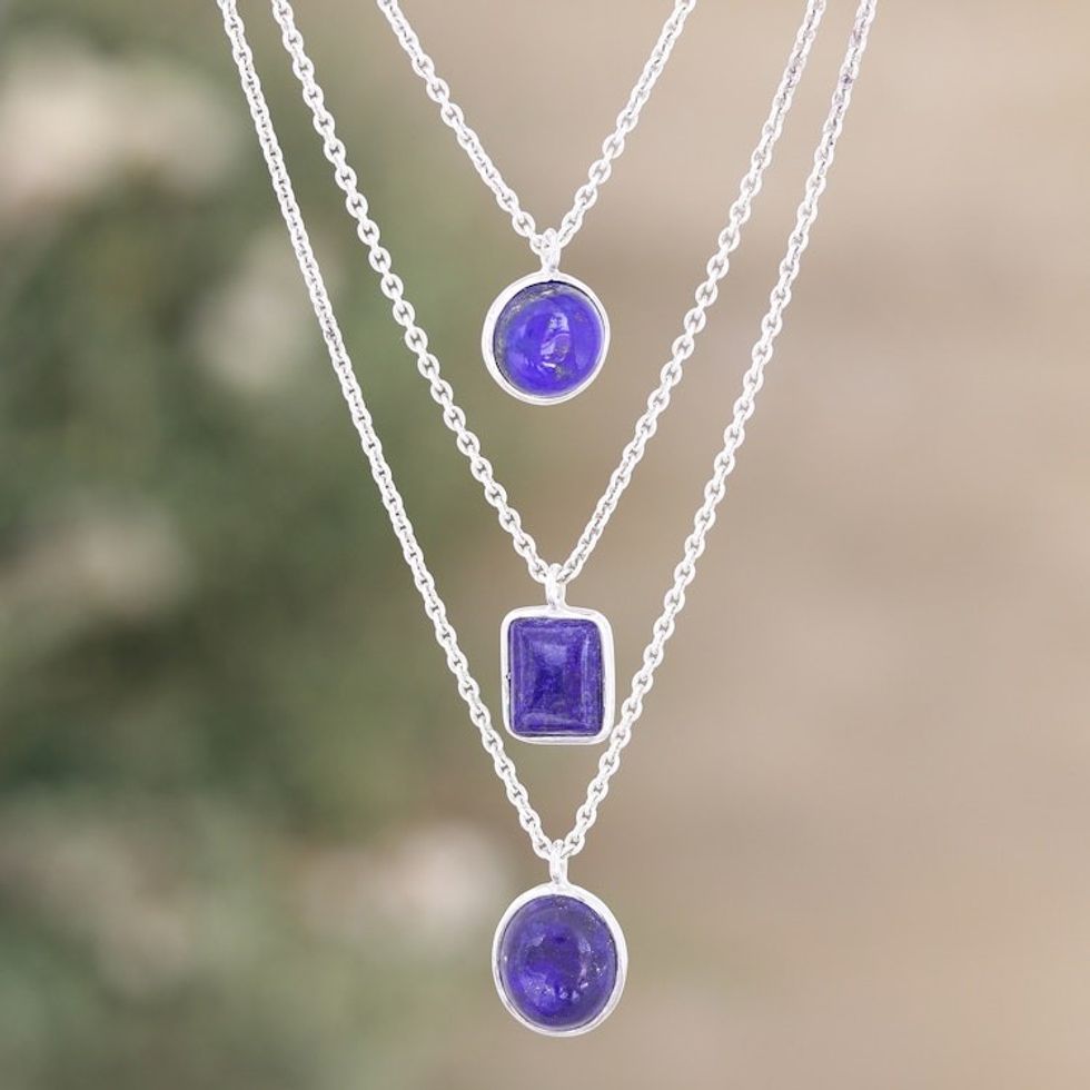 Sterling Silver 3-Strand Lapis Lazuli Pendant Necklace 'Truth Shapes'