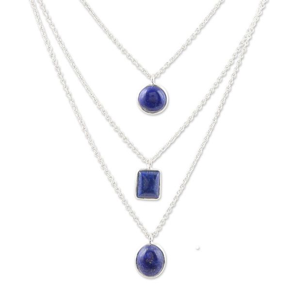 Alternate image for Sterling Silver 3-Strand Lapis Lazuli Pendant Necklace Truth Shapes