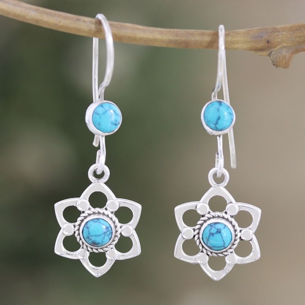 Floral Sterling Silver Dangle Earrings with Recon Turquoise 'Lagoon Flowers'