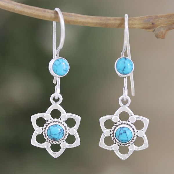 Alternate image for Floral Sterling Silver Dangle Earrings with Recon Turquoise Lagoon Flowers
