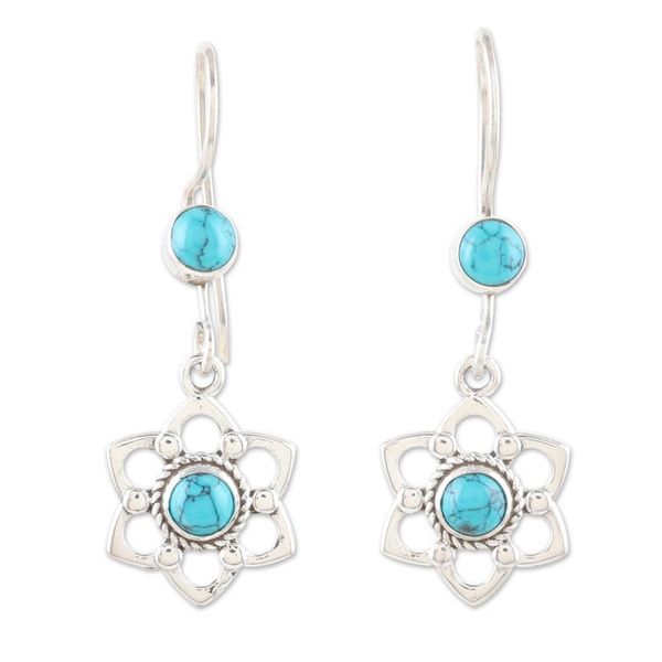 Alternate image for Floral Sterling Silver Dangle Earrings with Recon Turquoise Lagoon Flowers