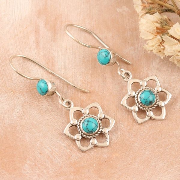 Alternate image for Floral Sterling Silver Dangle Earrings with Recon Turquoise Lagoon Flowers