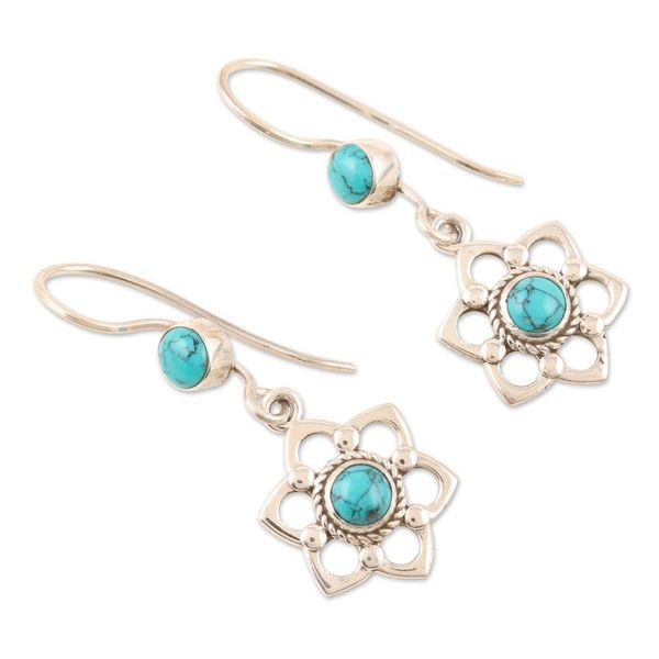 Alternate image for Floral Sterling Silver Dangle Earrings with Recon Turquoise Lagoon Flowers