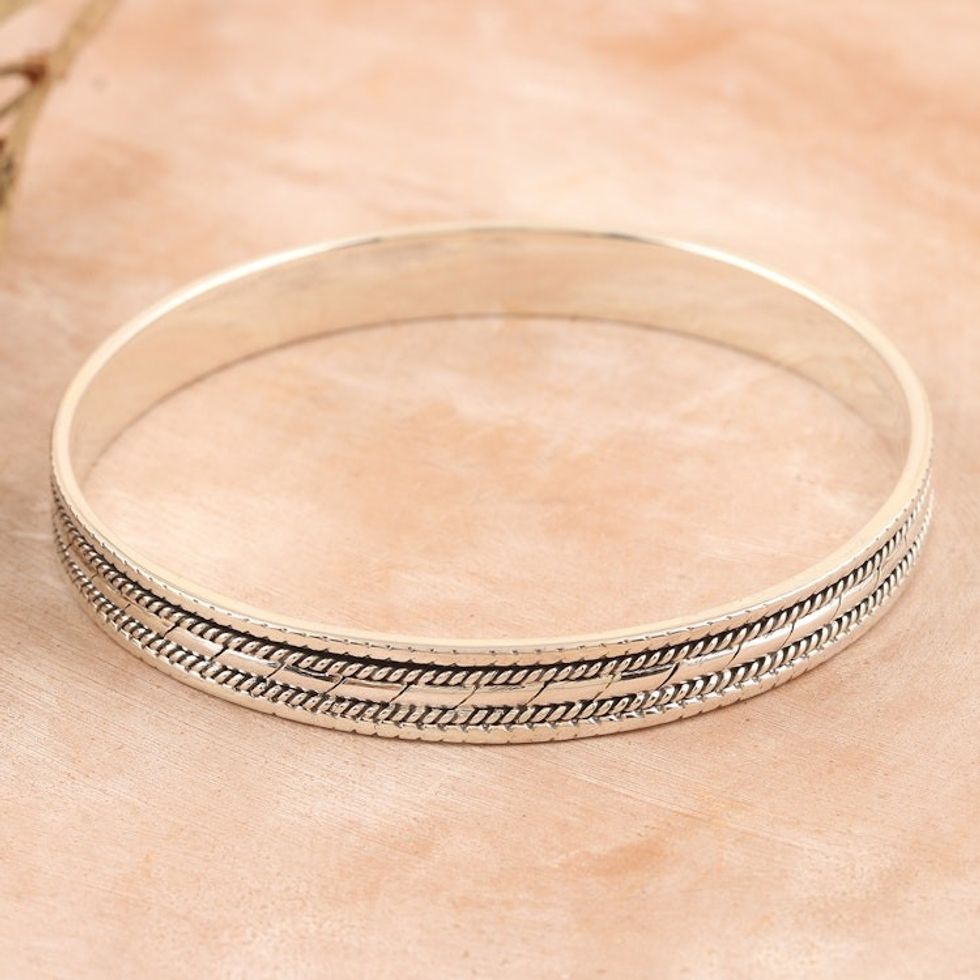 Traditional Sterling Silver Bangle Bracelet Crafted in India 'Glorious Grace'