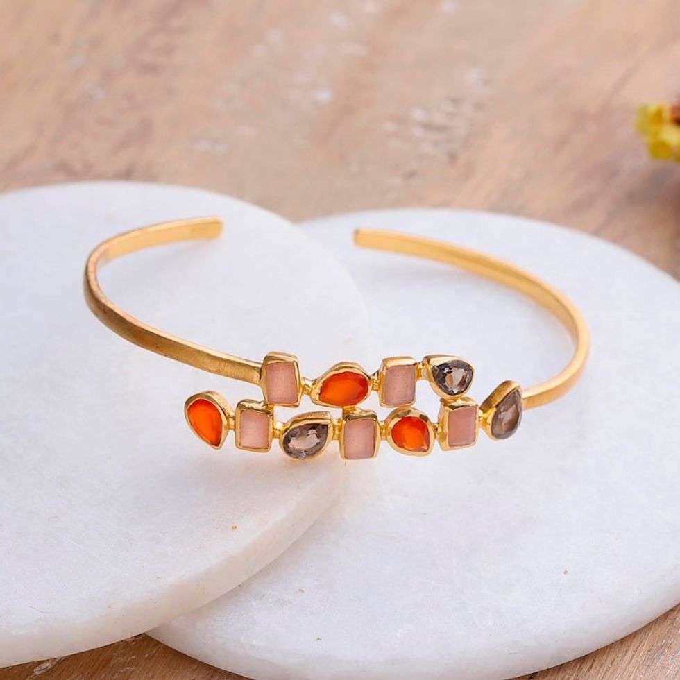 Gold-Plated Cuff Bracelet with Smoky Quartz Rose Quartz Onyx 'Glorious Glam'