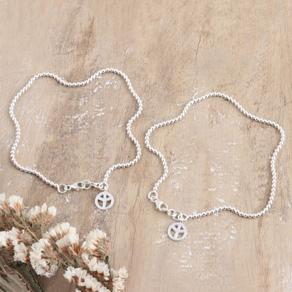 Pair of Sterling Silver Peace Anklets from India 'Peace Orbs'