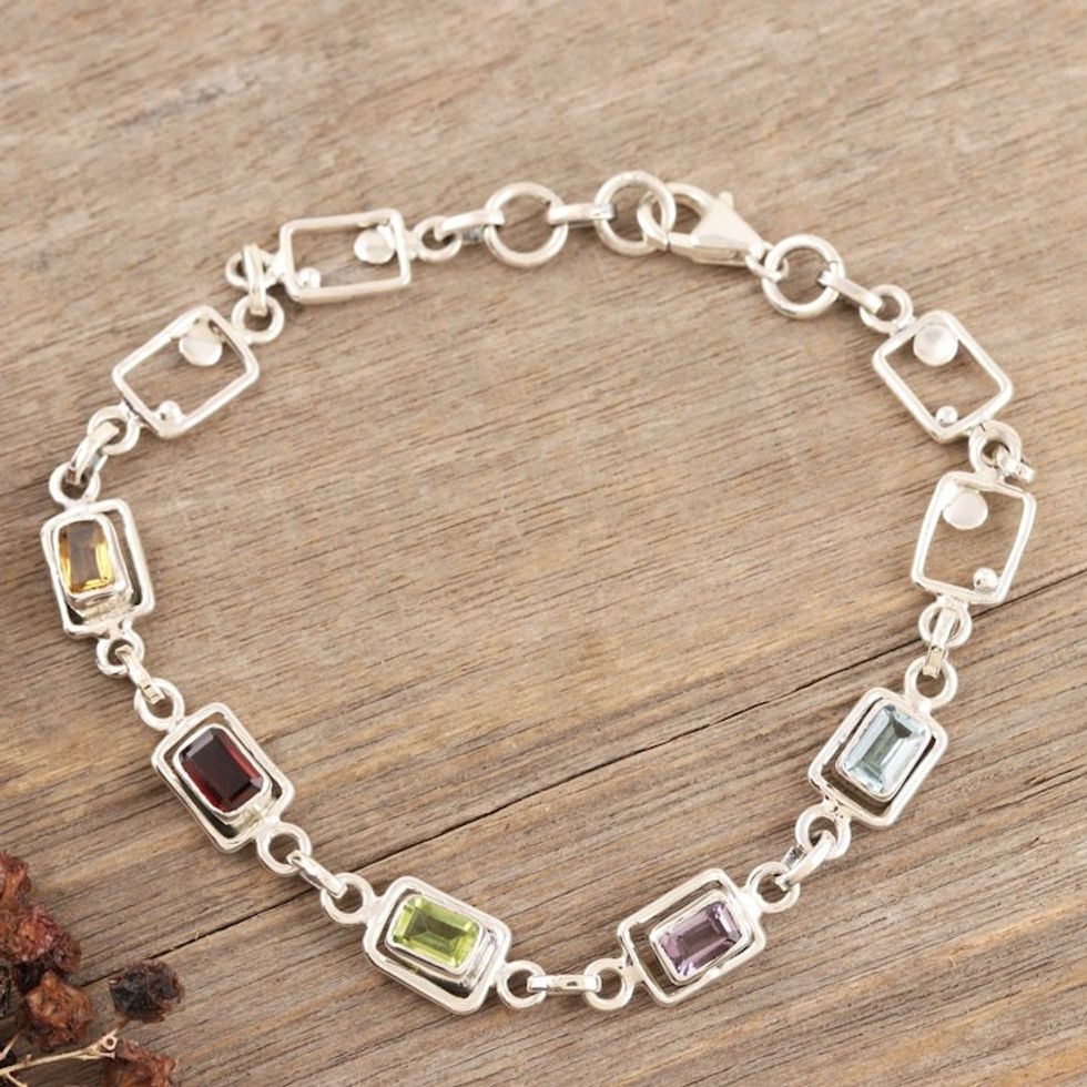 Multi-gemstone Sterling Silver Link Bracelet from India 'Colorful Consonance'