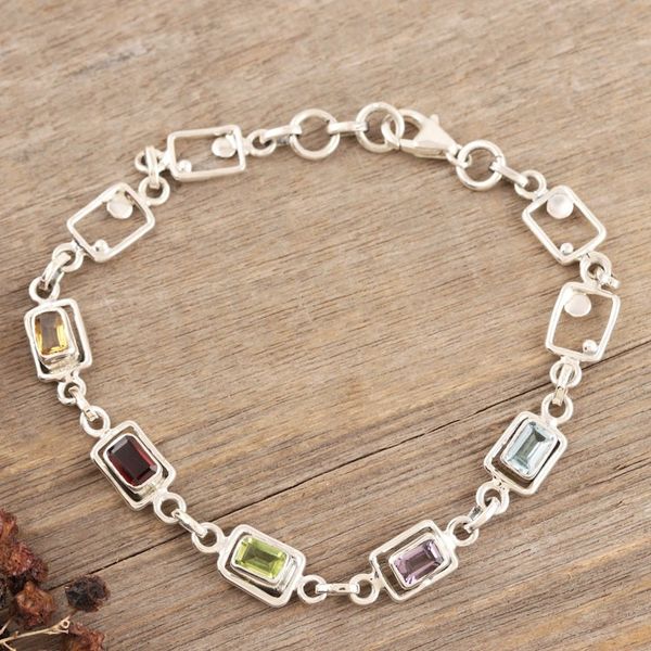 Alternate image for Multi-gemstone Sterling Silver Link Bracelet from India Colorful Consonance