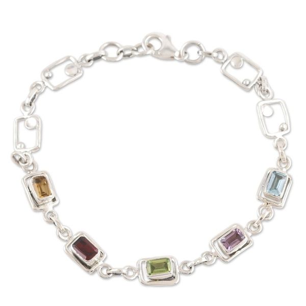 Alternate image for Multi-gemstone Sterling Silver Link Bracelet from India Colorful Consonance