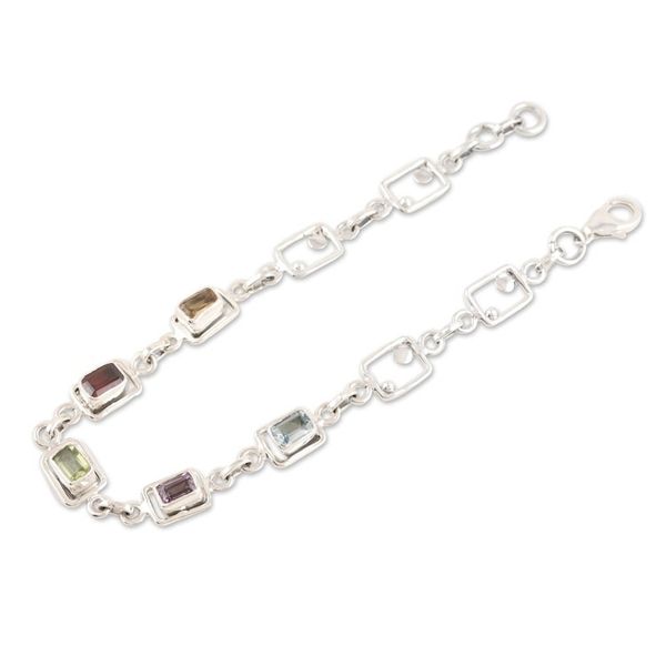 Alternate image for Multi-gemstone Sterling Silver Link Bracelet from India Colorful Consonance