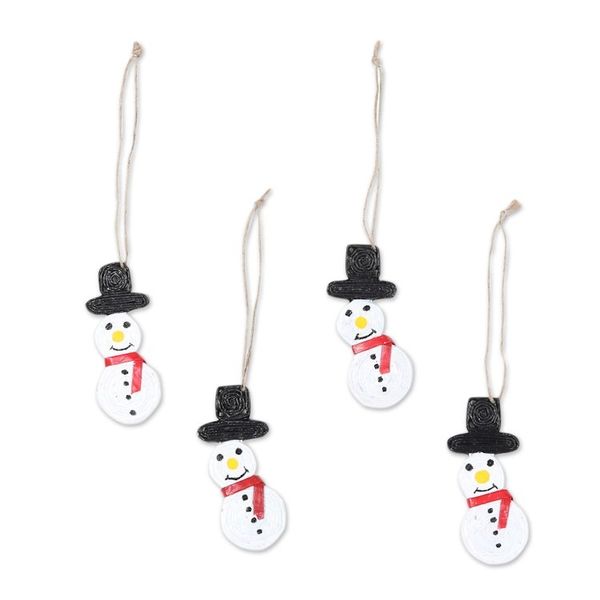 Alternate image for Set of 4 Eco-Friendly Snowman Ornaments Painted by Hand Snowy Hats