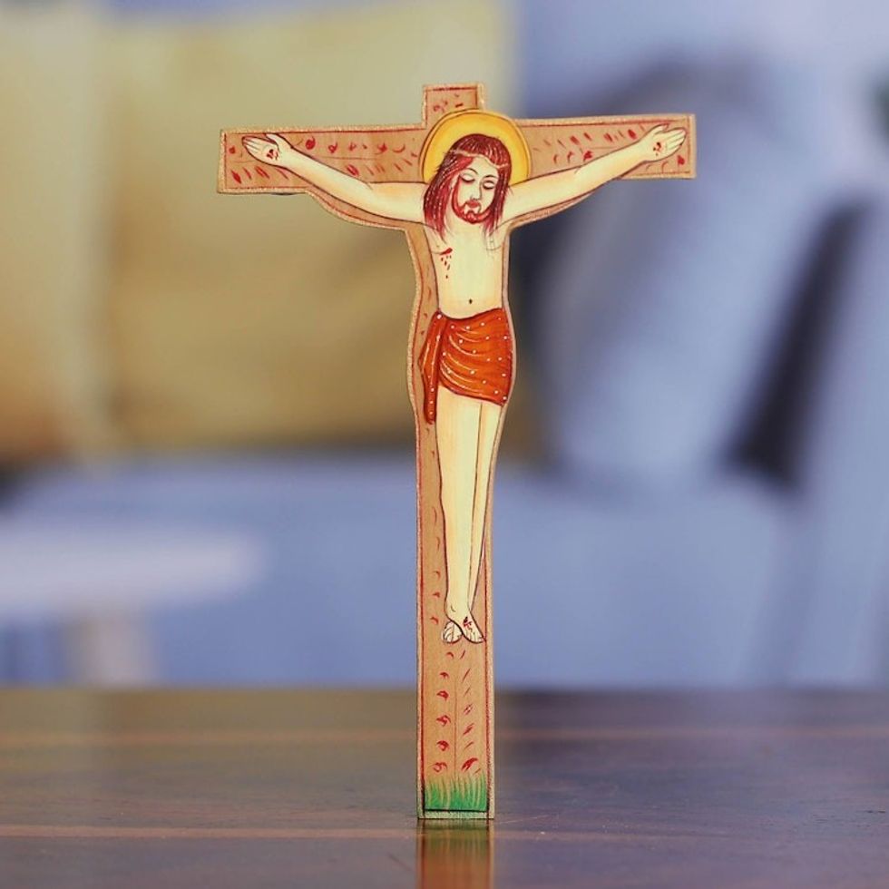 Hand-Painted Jesus Christ Kadam Wood Magnet from India 'Sacred Crucifixion'