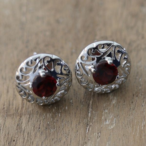 Alternate image for Rhodium-Plated Button Earrings with Garnet Stones Perseverance Swirls