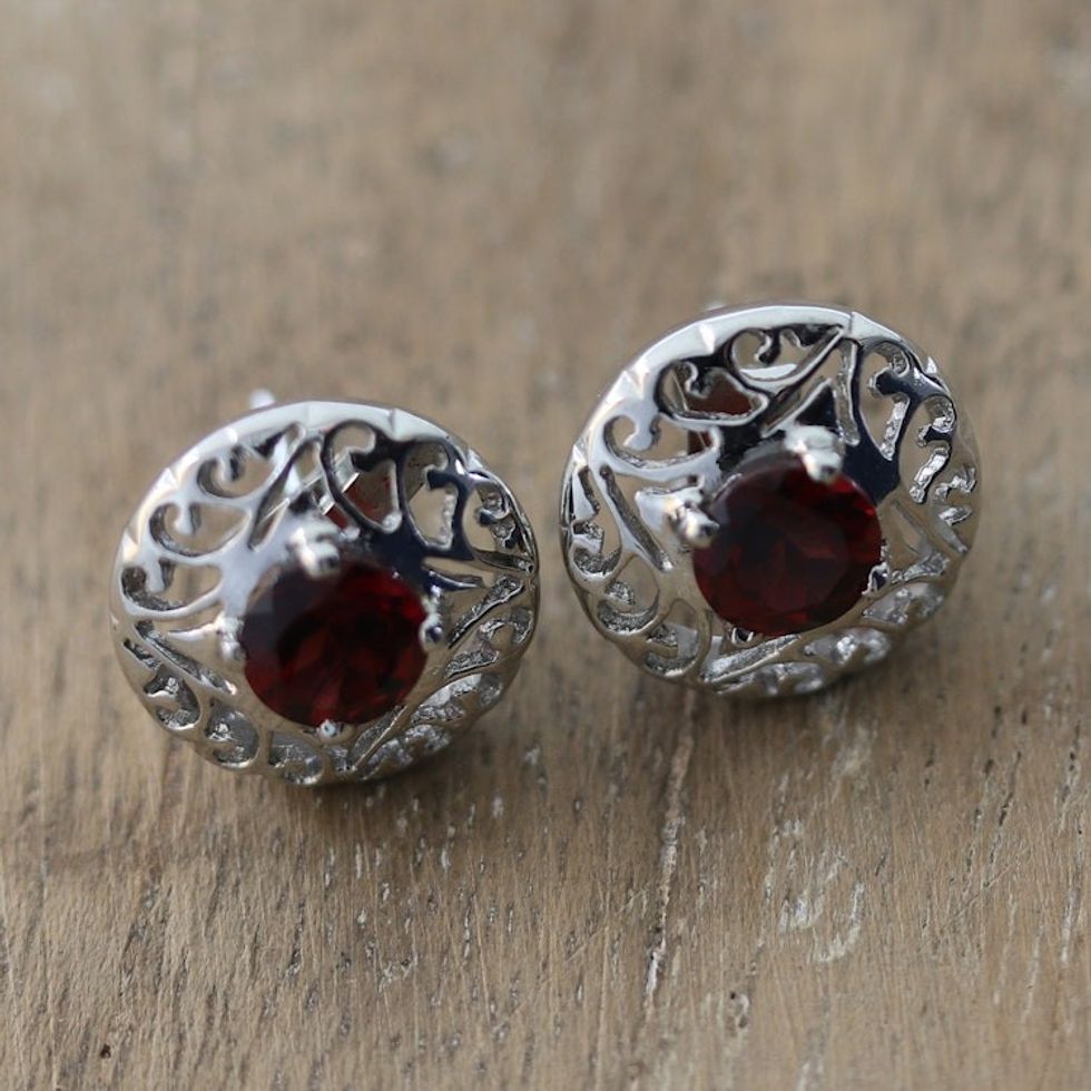 Rhodium-Plated Button Earrings with Garnet Stones 'Perseverance Swirls'