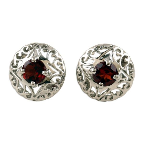 Alternate image for Rhodium-Plated Button Earrings with Garnet Stones Perseverance Swirls