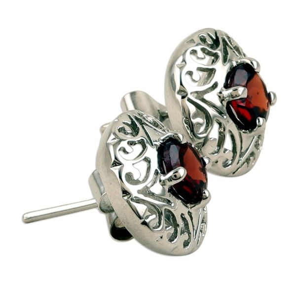Alternate image for Rhodium-Plated Button Earrings with Garnet Stones Perseverance Swirls
