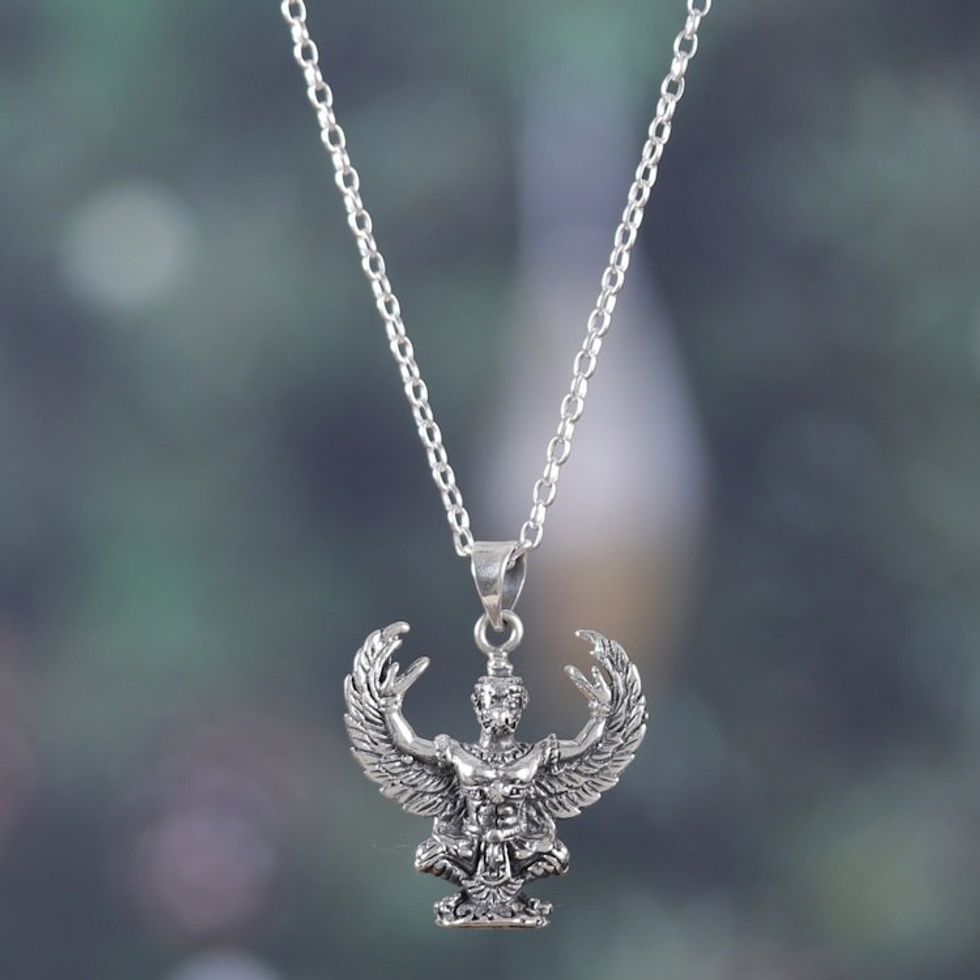 Men's Sterling Silver Hindu God Garuda Pendant Necklace 'Mighty Garuda'