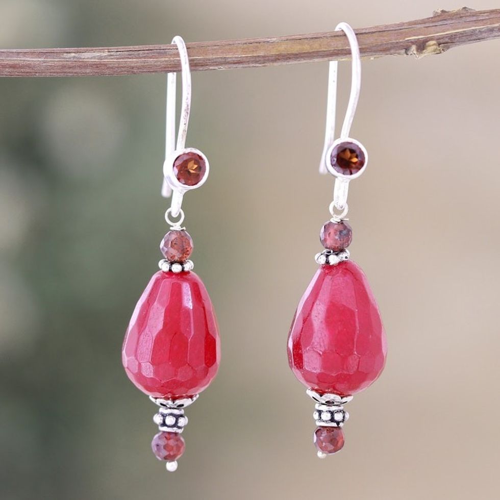 Polished Beaded Dangle Earrings with Garnet and Agate Gems 'Intense Beauty'