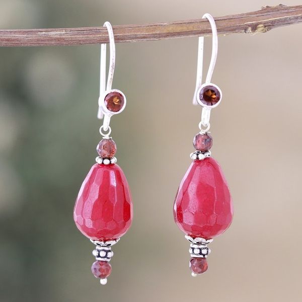 Alternate image for Polished Beaded Dangle Earrings with Garnet and Agate Gems Intense Beauty