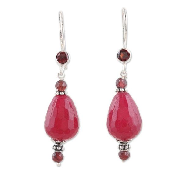 Alternate image for Polished Beaded Dangle Earrings with Garnet and Agate Gems Intense Beauty