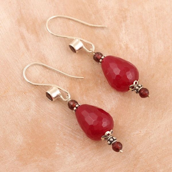 Alternate image for Polished Beaded Dangle Earrings with Garnet and Agate Gems Intense Beauty