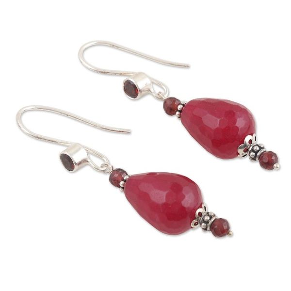Alternate image for Polished Beaded Dangle Earrings with Garnet and Agate Gems Intense Beauty
