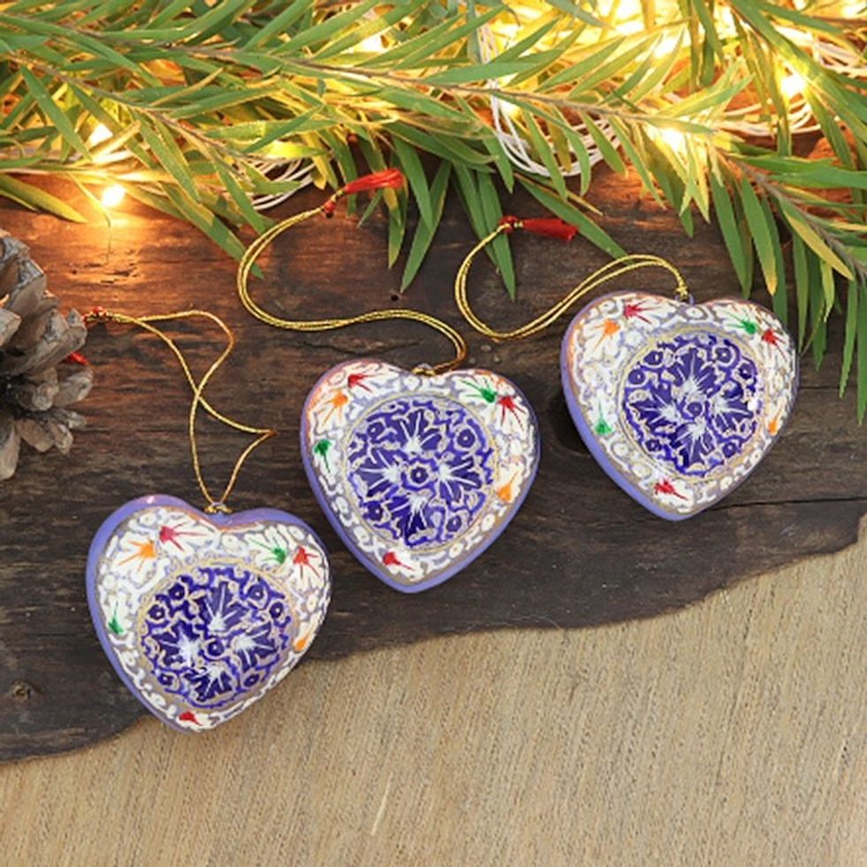 Set of 3 Papier Mache Heart Ornaments Hand-Painted in India 'Blue Romance'