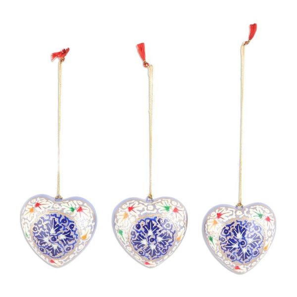 Alternate image for Set of 3 Papier Mache Heart Ornaments Hand-Painted in India Blue Romance
