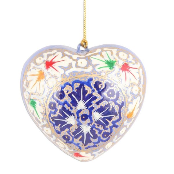 Alternate image for Set of 3 Papier Mache Heart Ornaments Hand-Painted in India Blue Romance