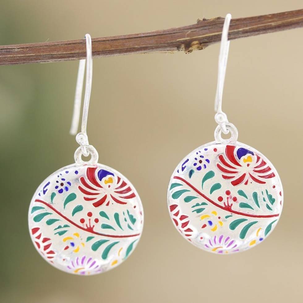 Colorful Floral Sterling Silver Dangle Earrings from India 'Jaipur Garden'