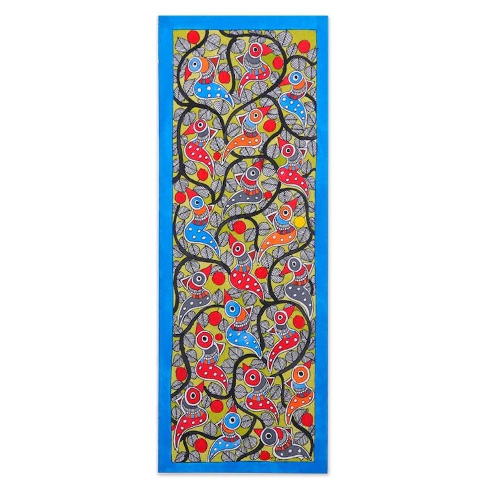 Traditional Vegetable Dye Blue Madhubani Painting of Birds 'Delightful Birds'