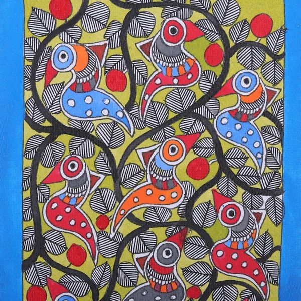 Alternate image for Traditional Vegetable Dye Blue Madhubani Painting of Birds Delightful Birds