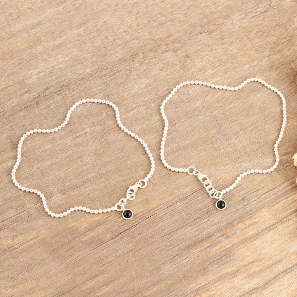 Pair of Sterling Silver Onyx Anklets from India 'Courage Orbs'
