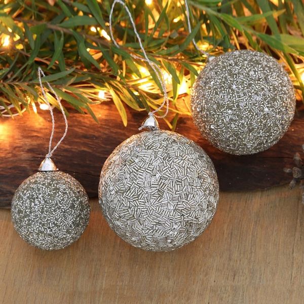 Alternate image for Set of Three Sparkling Beaded Ornaments in a Silver Hue Silver Magic