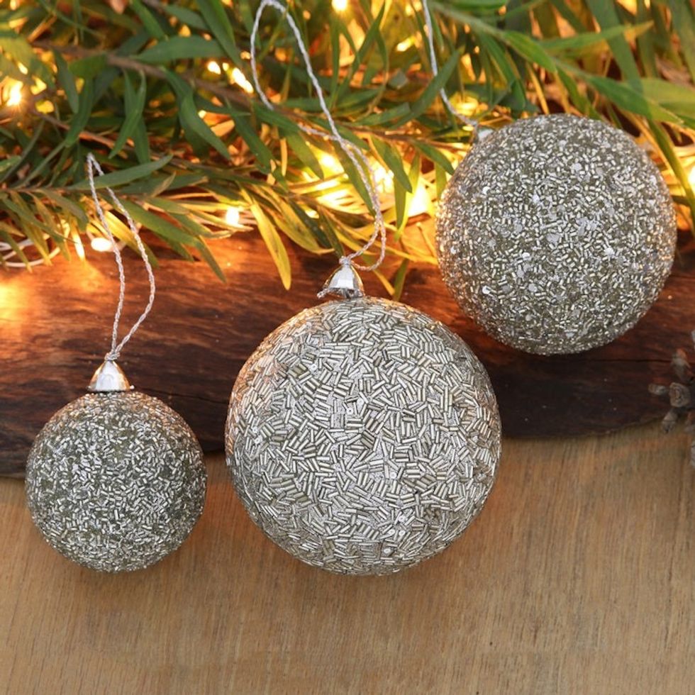 Set of Three Sparkling Beaded Ornaments in a Silver Hue 'Silver Magic'