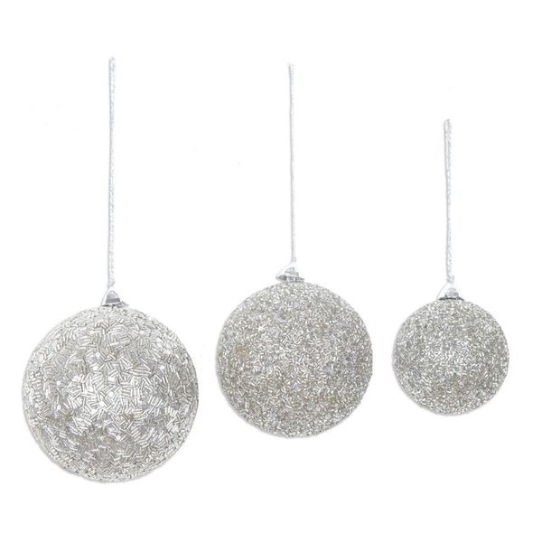 Alternate image for Set of Three Sparkling Beaded Ornaments in a Silver Hue Silver Magic