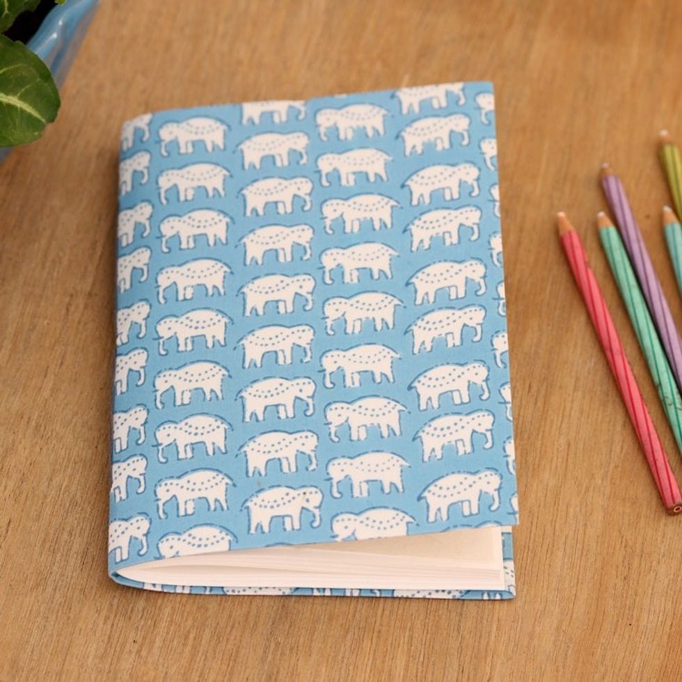 Hand-Block Printed Motif Cotton Journal with Handmade Paper 'Cerulean Wild'