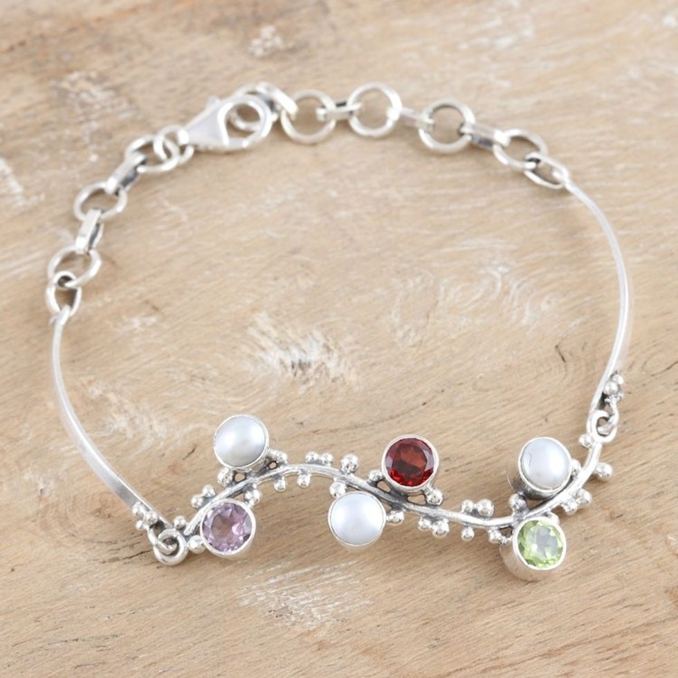 Multi-gemstone and Pearl Sterling Silver Pendant Bracelet 'Colorful Berries'