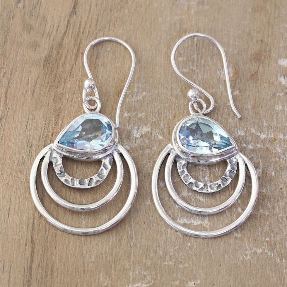 Modern Polished Dangle Earrings with 4-Carat Blue Topaz Gems 'Loyal Orbits'