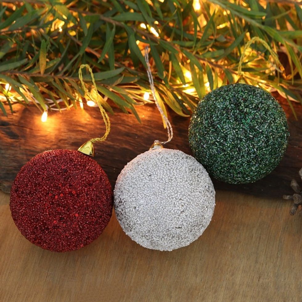 Set of Three Beaded Christmas Ornaments Handcrafted in India 'Glowing Holiday'