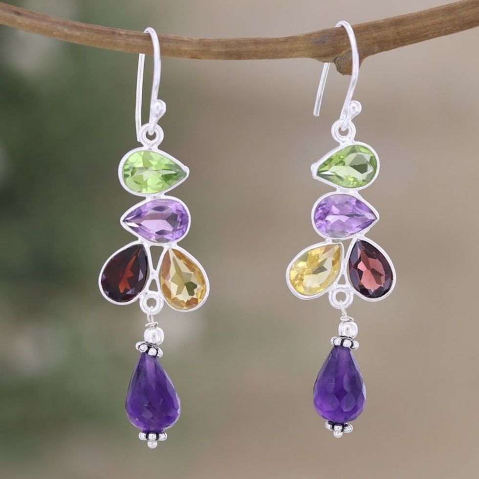 Multi-Gemstone Sterling Silver Dangle Earrings from India 'Burst of Color'