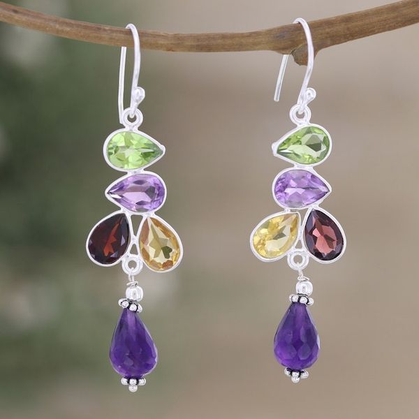 Alternate image for Multi-Gemstone Sterling Silver Dangle Earrings from India Burst of Color