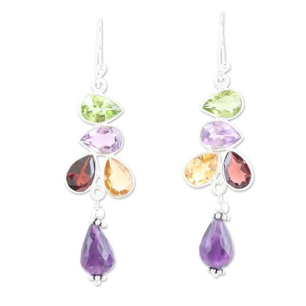 Alternate image for Multi-Gemstone Sterling Silver Dangle Earrings from India Burst of Color