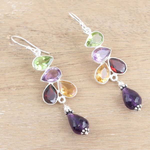 Alternate image for Multi-Gemstone Sterling Silver Dangle Earrings from India Burst of Color