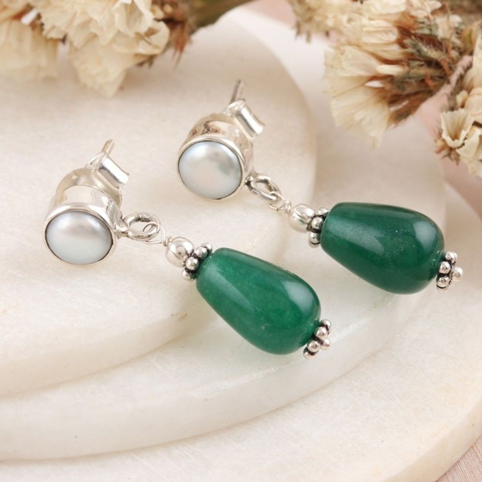 Polished Dangle Earrings with Cream Pearls and Green Onyx 'Feminine Intellect'