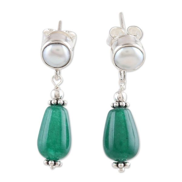 Alternate image for Polished Dangle Earrings with Cream Pearls and Green Onyx Feminine Intellect