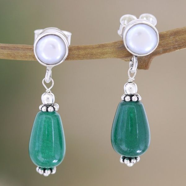 Alternate image for Polished Dangle Earrings with Cream Pearls and Green Onyx Feminine Intellect