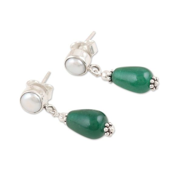 Alternate image for Polished Dangle Earrings with Cream Pearls and Green Onyx Feminine Intellect