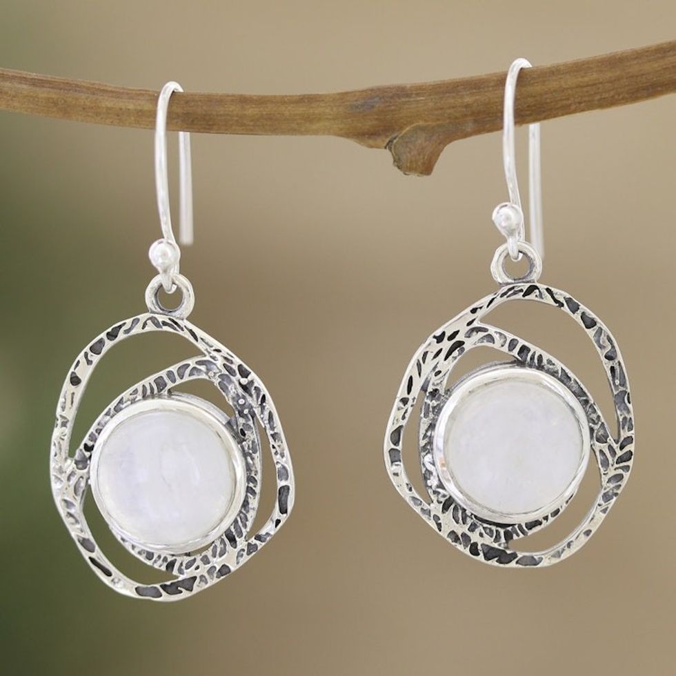 Sterling Silver Dangle Earrings with Rainbow Moonstones 'Balance Cosmos'
