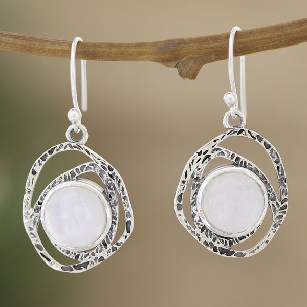 Alternate image for Sterling Silver Dangle Earrings with Rainbow Moonstones Balance Cosmos